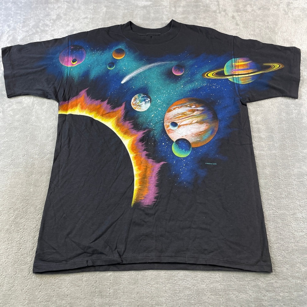 Vintage Habitat T Shirt Solar System Planets Space XL Black USA 90s AOP 1998